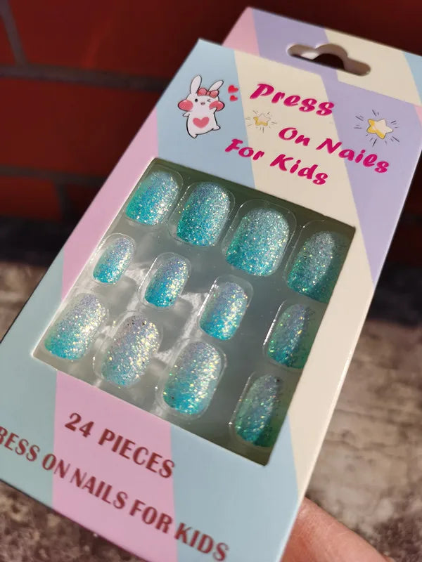 24Pcs Kids Press-On Nails – Glitter Bling Fake Nail Tips, DIY Manicure for Girls Aged 6+