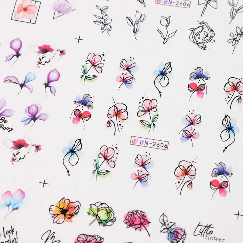12PCS Summer Nail Art Stickers – Ink Flowers, Leaves & Graffiti Water Decals Set
