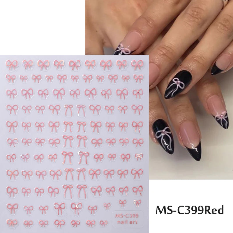 Mini Bowknot Nail Art Stickers – Self-Adhesive Lace Ribbon & Butterfly Decals, Black/White/Pink
