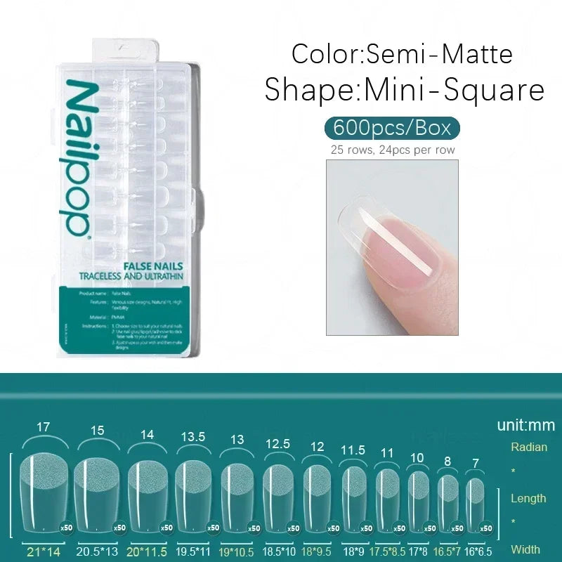 600PCS PRO Full Cover Fake Nail Tips – Clear, Matte & Semi-Matte Acrylic Nail Extensions