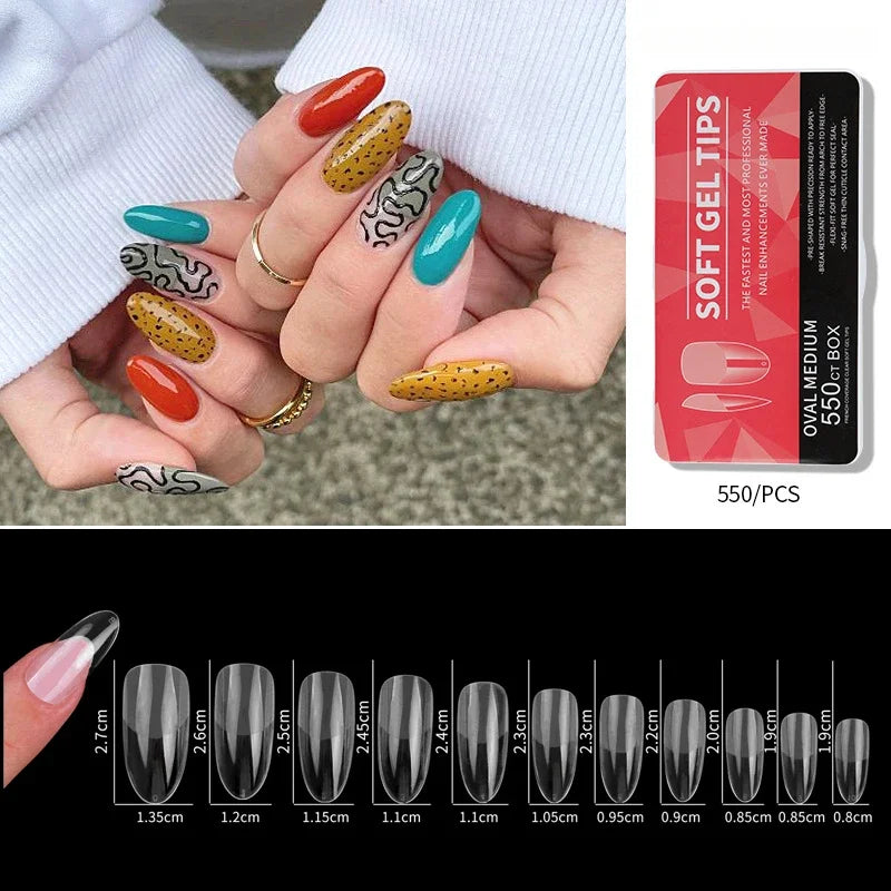 550pcs/Box Clear Acrylic Long Fake Nails – Almond, French, Coffin, Full Half Cover False Nail Tips