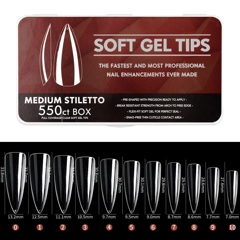 1 Box Clear Long False Nails – Almond & Coffin Soft Gel Tips for Extensions