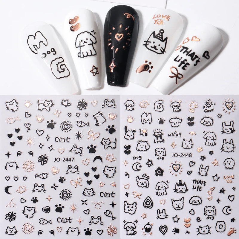 2pcs Cartoon Cat Holographic Nail Stickers – Childlike Heart & Star Designs in Silver Chrome