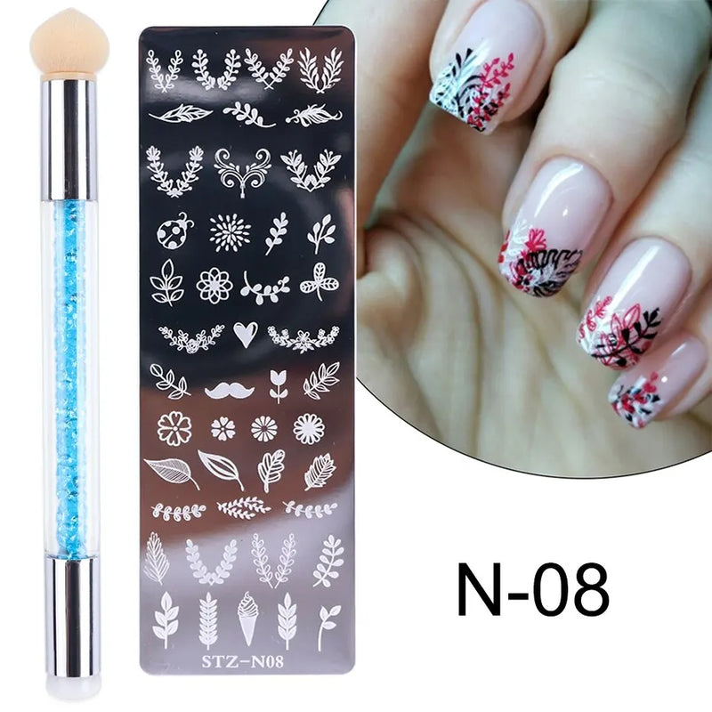 Nail Stamping Plates Set with Silicone Stamper Brush – Flower & Geometry Transfer Templates