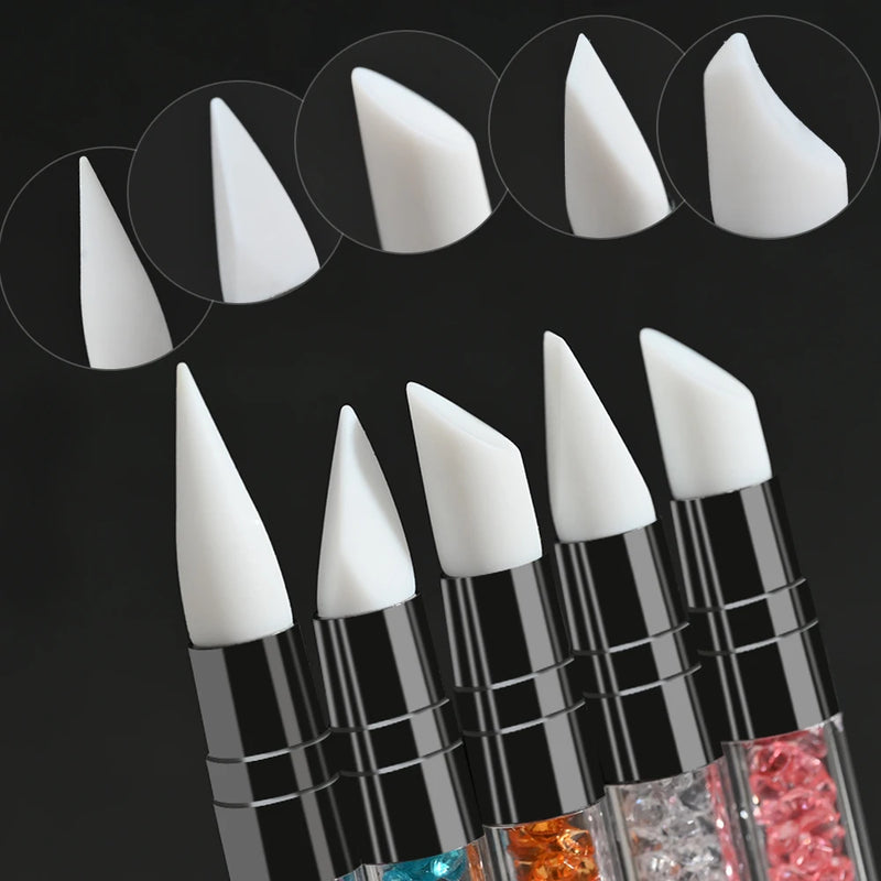 5Pcs Nail Art Sculpture Dotting Pen Set – Dual-Head Silicone Brush for Carving & Painting DIY Nails
