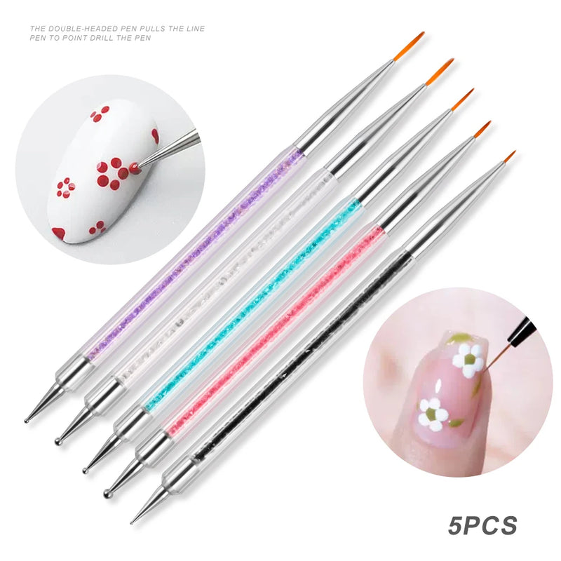 5Pcs Nail Art Sculpture Dotting Pen Set – Dual-Head Silicone Brush for Carving & Painting DIY Nails