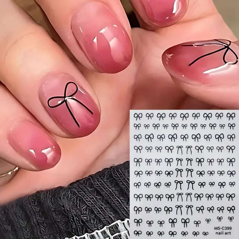 Mini Bowknot Nail Art Stickers – Self-Adhesive Lace Ribbon & Butterfly Decals, Black/White/Pink