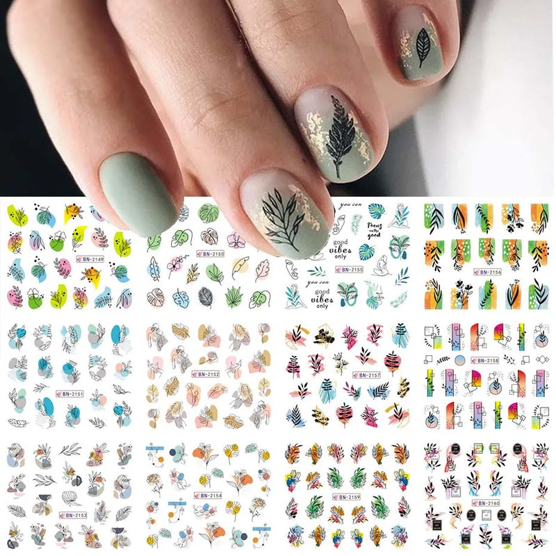 12PCS Summer Nail Art Stickers – Ink Flowers, Leaves & Graffiti Water Decals Set