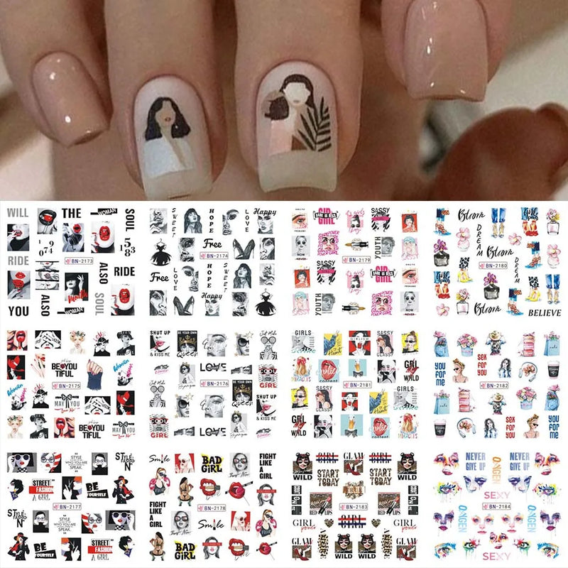 12PCS Summer Nail Art Stickers – Ink Flowers, Leaves & Graffiti Water Decals Set
