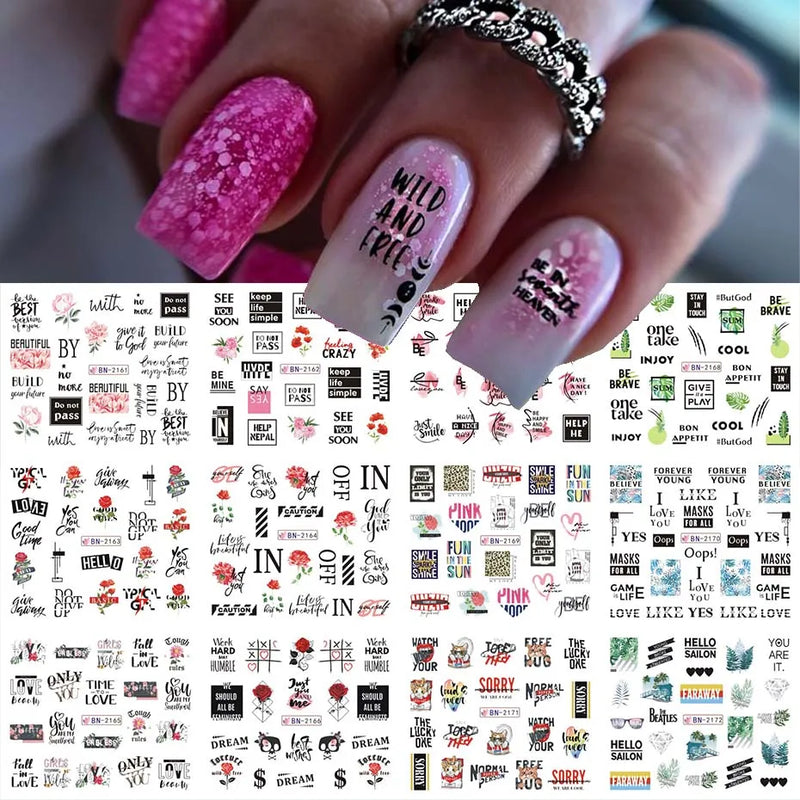 12PCS Summer Nail Art Stickers – Ink Flowers, Leaves & Graffiti Water Decals Set