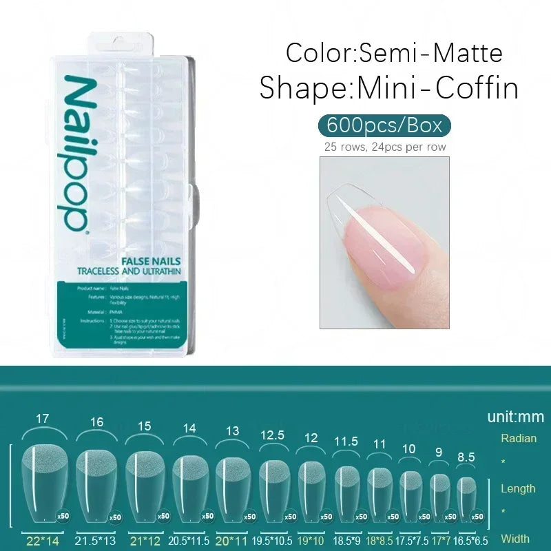600PCS PRO Full Cover Fake Nail Tips – Clear, Matte & Semi-Matte Acrylic Nail Extensions
