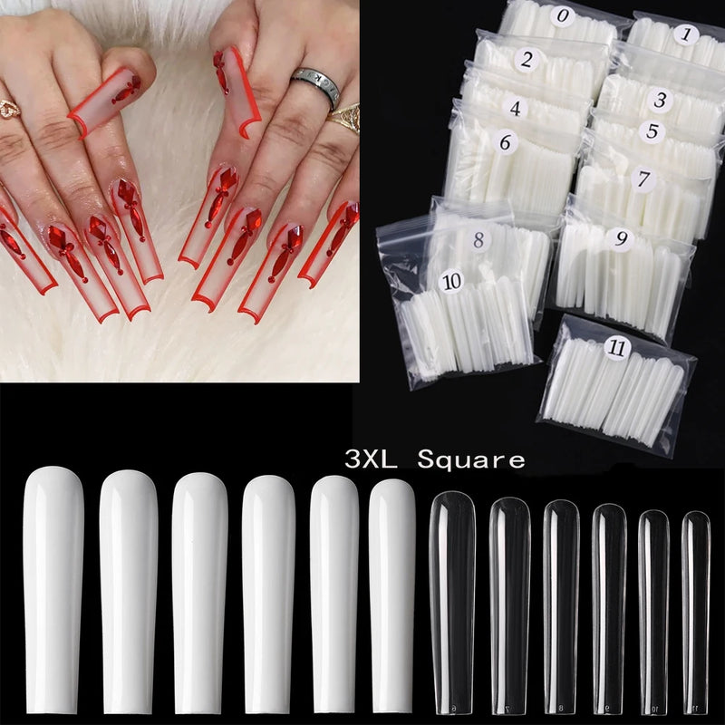 120PCS 3XL Extra Long Square Straight Nail Tips – Full Cover Clear Acrylic Press-On Nails