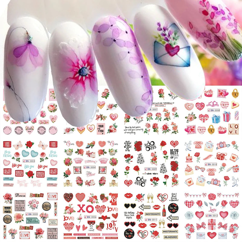 12PCS Summer Nail Art Stickers – Ink Flowers, Leaves & Graffiti Water Decals Set
