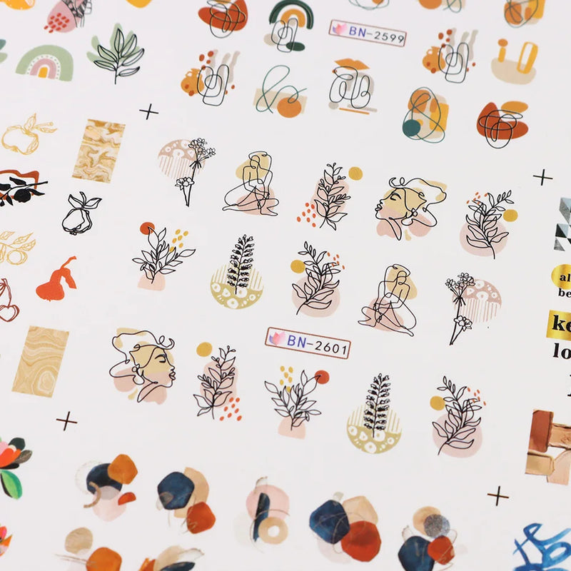 12PCS Summer Nail Art Stickers – Ink Flowers, Leaves & Graffiti Water Decals Set