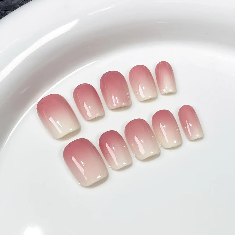 10Pcs Handmade Short Press-On Nails – Pure Colour French Round Full Cover False Nails with Glue