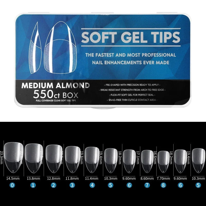 1 Box Clear Long False Nails – Almond & Coffin Soft Gel Tips for Extensions