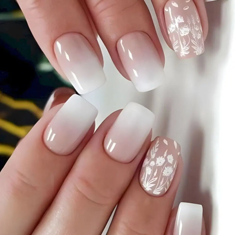 24pcs Short Round Full Cover Detachable Press-On Nails - French Blue & Pearl White with Heart Design