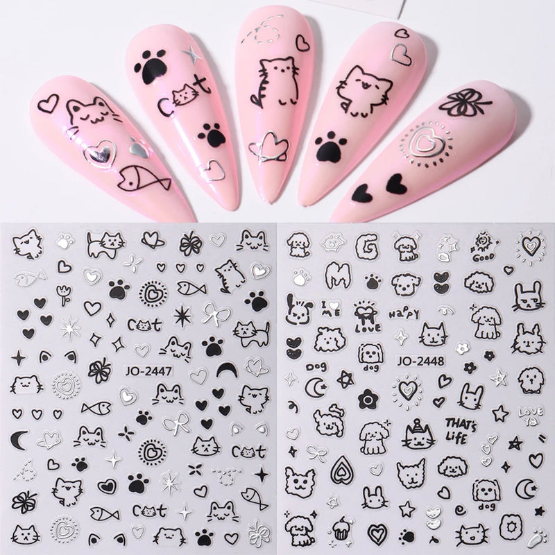 2pcs Cartoon Cat Holographic Nail Stickers – Childlike Heart & Star Designs in Silver Chrome
