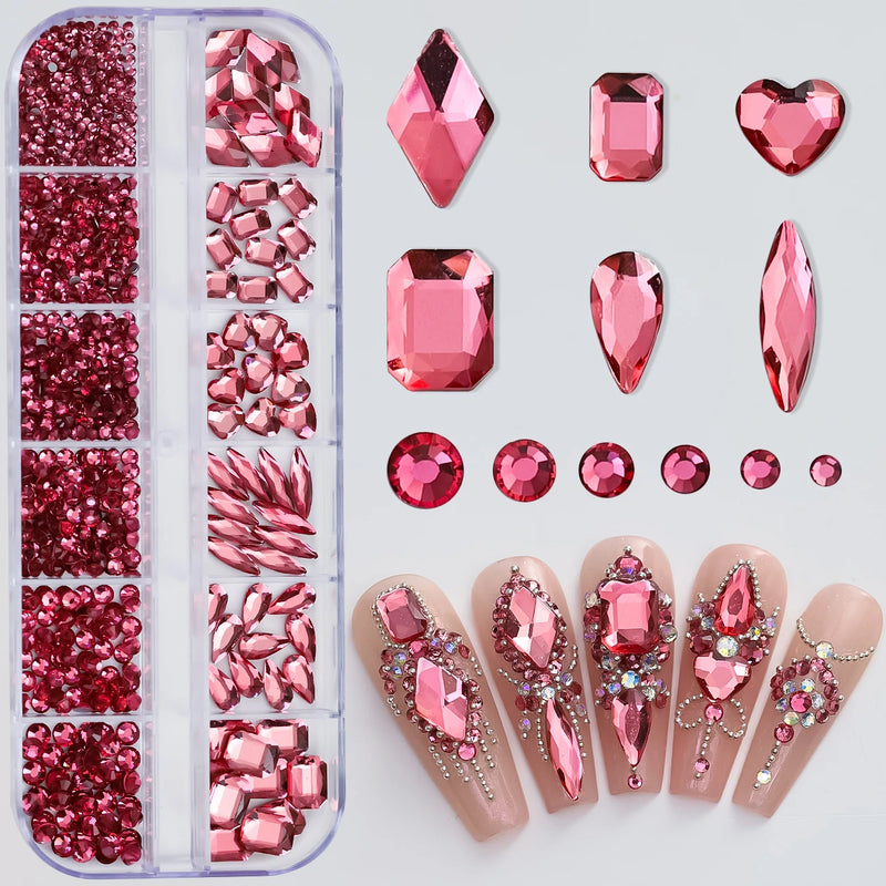 12 Grid Pink Crystal Nail Rhinestones – Luxury Nail Charms, Jewellery & Gems for Nail Art Decoration