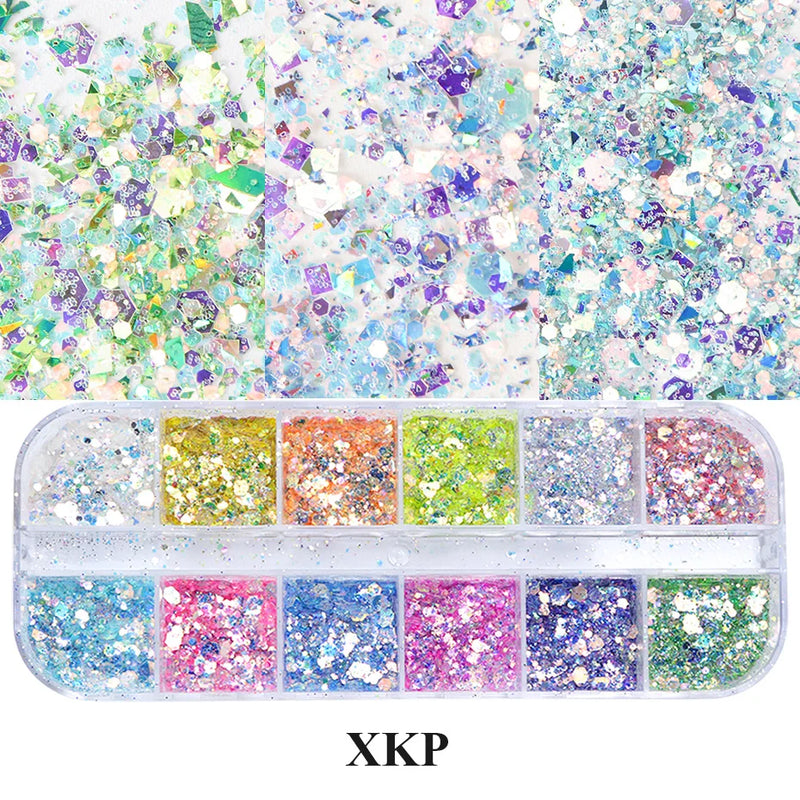 Mirror Iridescent Hexagon Glitter – 12-Grid Holographic Nail Art Sequins Set