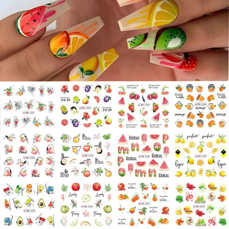12PCS Summer Nail Art Stickers – Ink Flowers, Leaves & Graffiti Water Decals Set