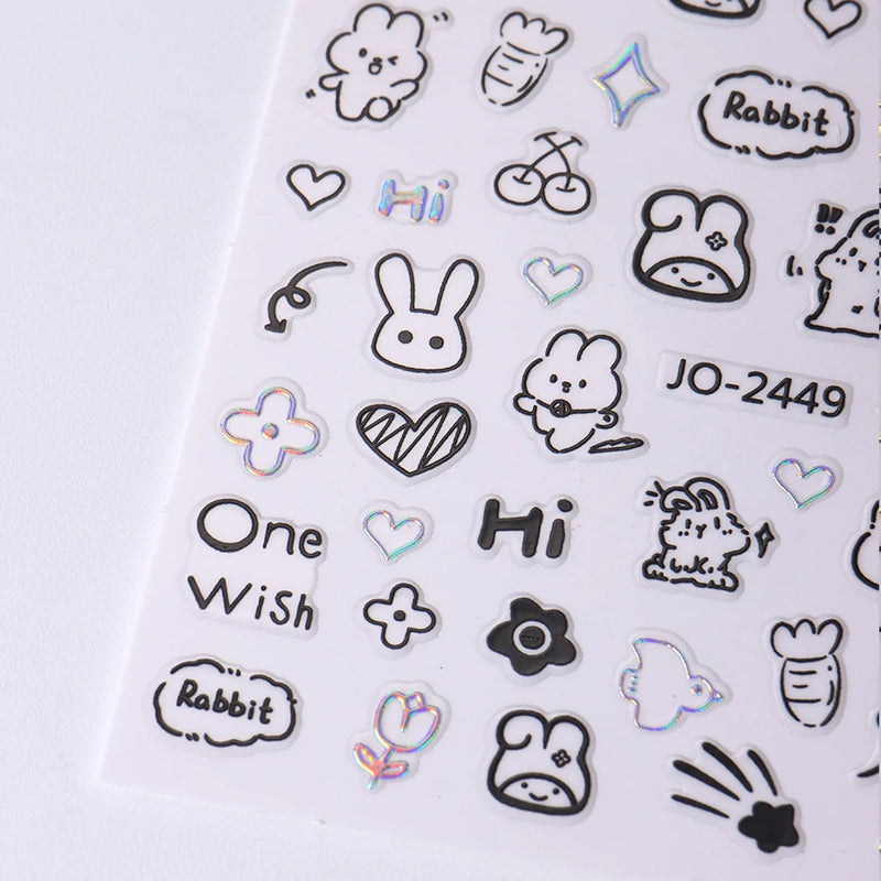 2pcs Cartoon Cat Holographic Nail Stickers – Childlike Heart & Star Designs in Silver Chrome