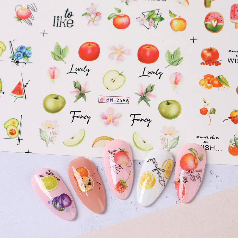 12PCS Summer Nail Art Stickers – Ink Flowers, Leaves & Graffiti Water Decals Set