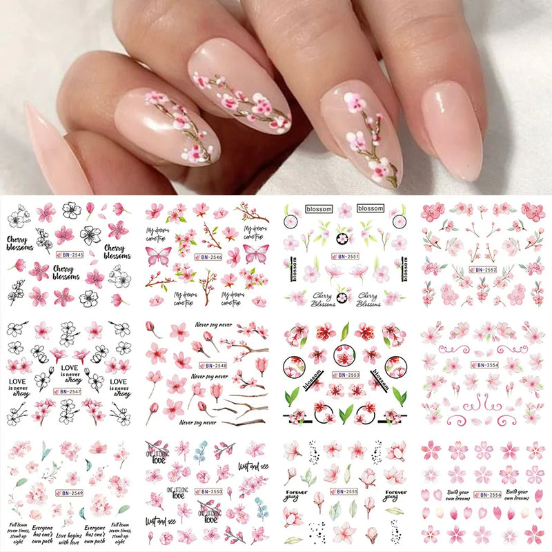 12PCS Summer Nail Art Stickers – Ink Flowers, Leaves & Graffiti Water Decals Set