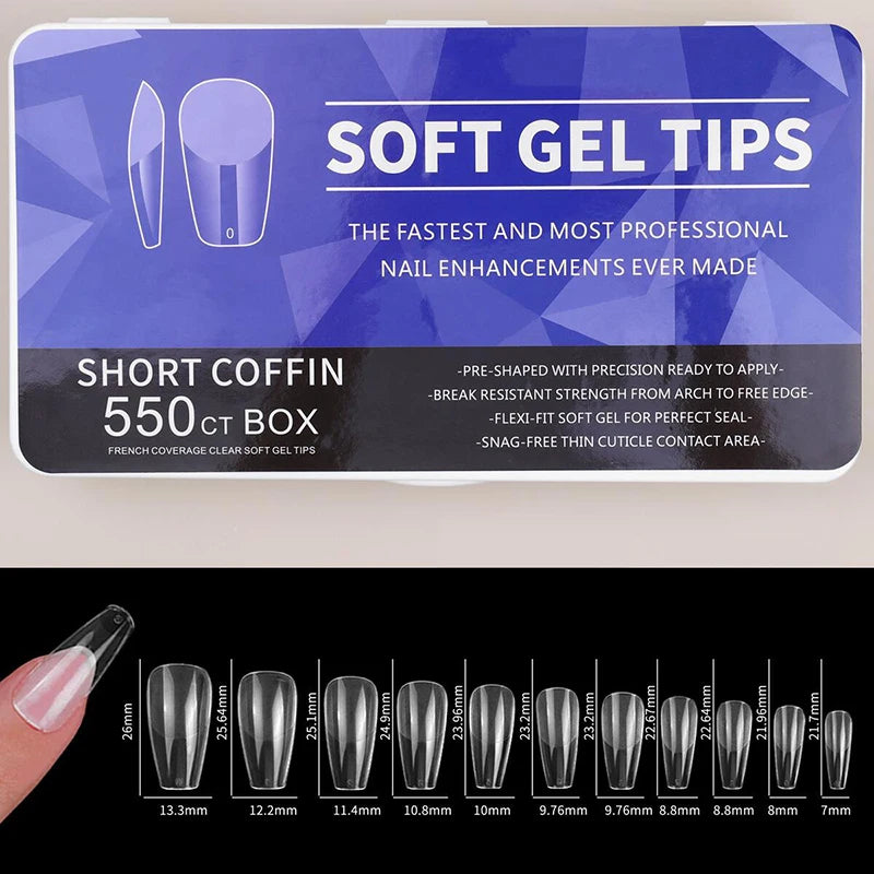 550pcs Soft Gel Nail Tips Set – Full Cover Matte Press-On Tips in Almond & Coffin Shapes