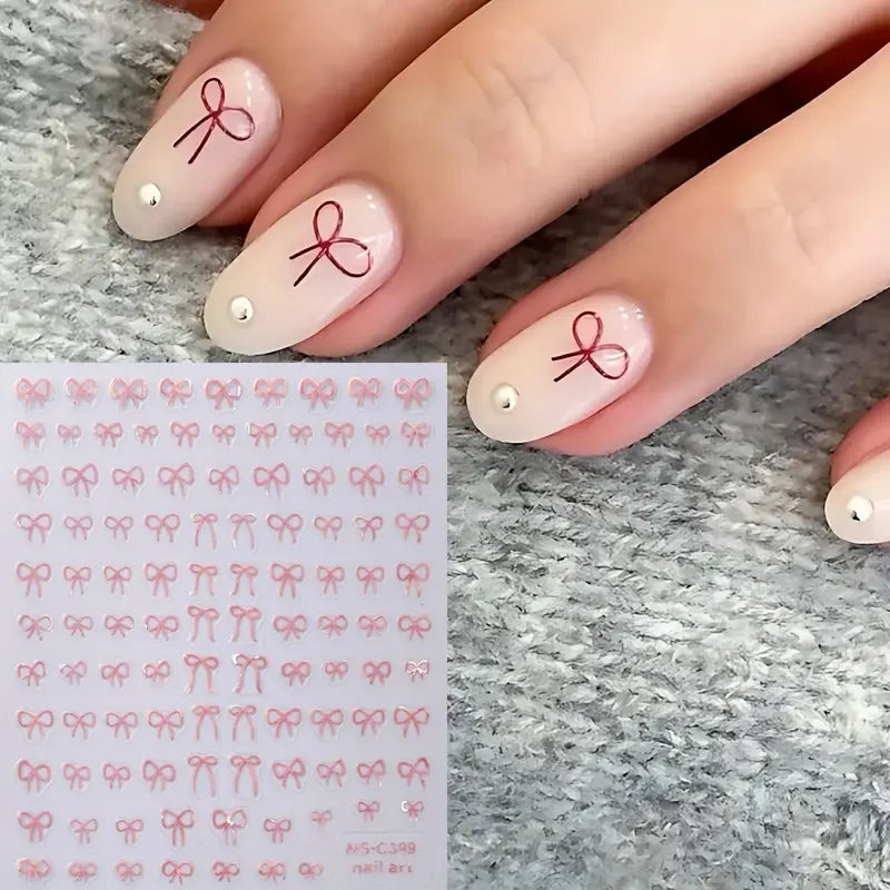 Mini Bowknot Nail Art Stickers – Self-Adhesive Lace Ribbon & Butterfly Decals, Black/White/Pink