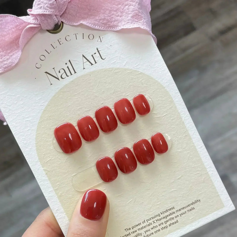 10Pcs Handmade Short Press-On Nails – Pure Colour French Round Full Cover False Nails with Glue