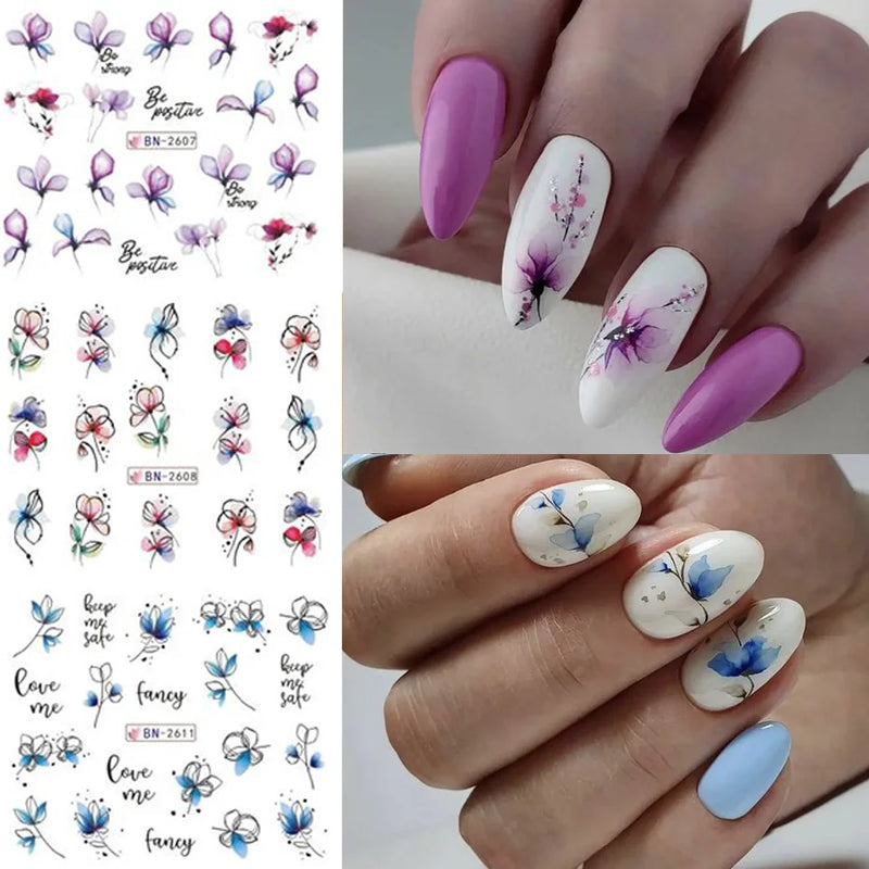 12PCS Summer Nail Art Stickers – Ink Flowers, Leaves & Graffiti Water Decals Set
