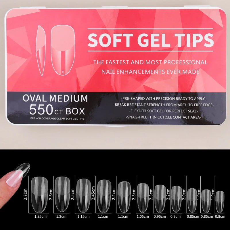 550pcs/Box Clear Acrylic Long Fake Nails – Almond, French, Coffin, Full Half Cover False Nail Tips
