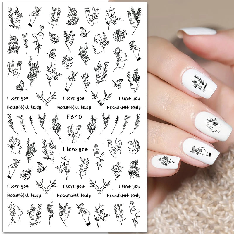 3D Fashion Poster Portrait Flower Nail Art Stickers – DIY Nail Decals