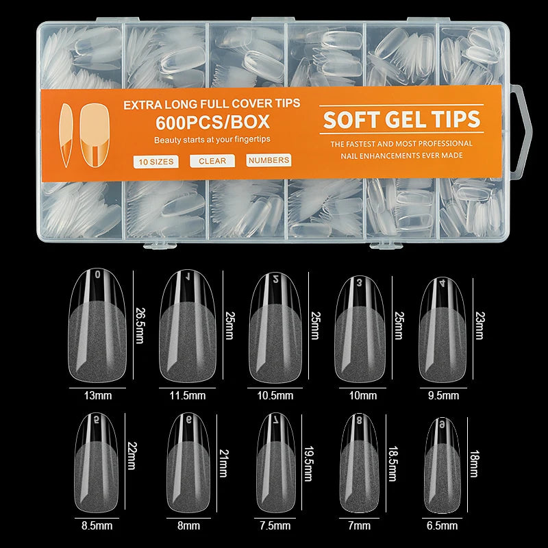 600PCS Semi-Frosted Long Soft Gel Tips – Almond, French Coffin Full & Half Cover Artificial Nail Tip