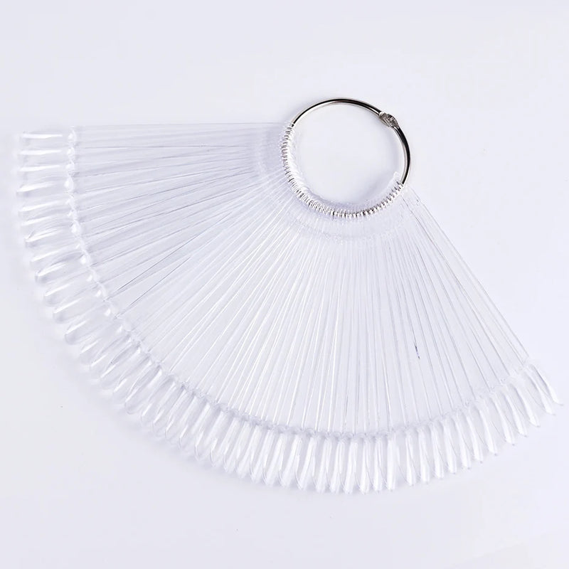50pcs Fan-Shaped Nail Display Tips – Clear & Natural Colour Swatch Chart