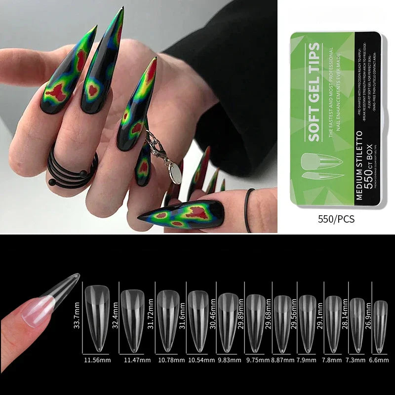 550pcs/Box Clear Acrylic Long Fake Nails – Almond, French, Coffin, Full Half Cover False Nail Tips