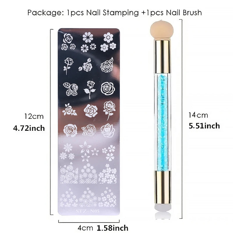 Nail Stamping Plates Set with Silicone Stamper Brush – Flower & Geometry Transfer Templates