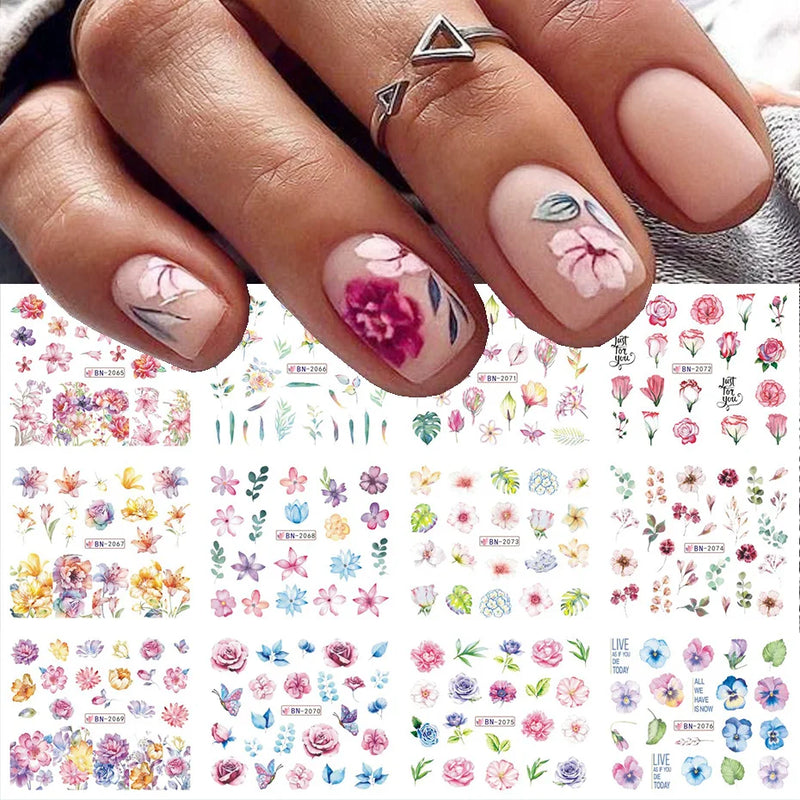 12PCS Summer Nail Art Stickers – Ink Flowers, Leaves & Graffiti Water Decals Set