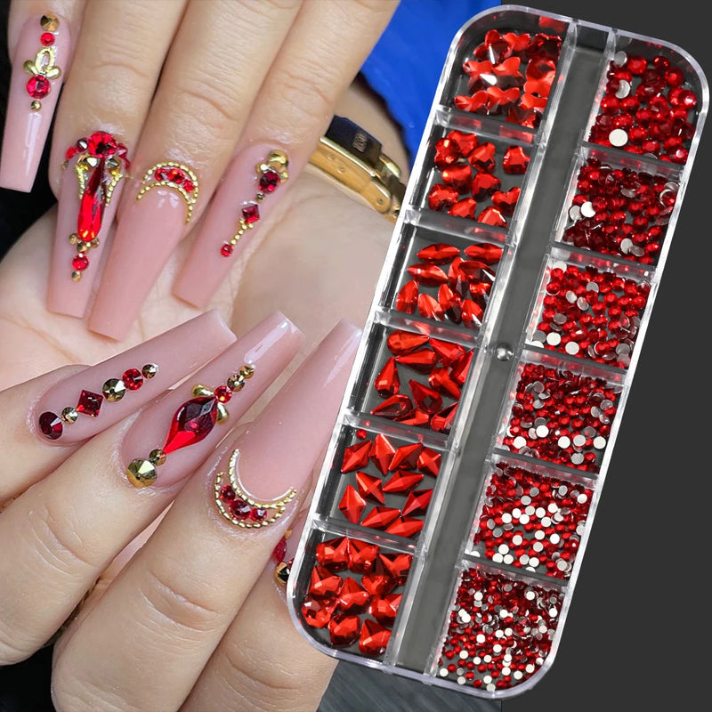 12 Grid Pink Crystal Nail Rhinestones – Luxury Nail Charms, Jewellery & Gems for Nail Art Decoration