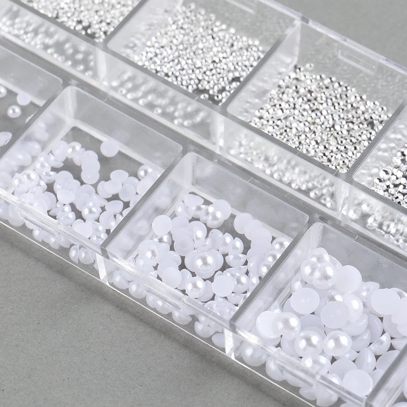 White Pearl Nail Art Rhinestones – Mixed Size Half Round Flatback Beads (12 Grids, Acrylic Stones)