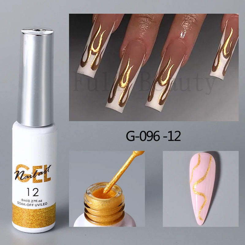 Champagne Gold & Silver Glitter Liner Gel – 5ml Super Bright French Line Nail Art Polish