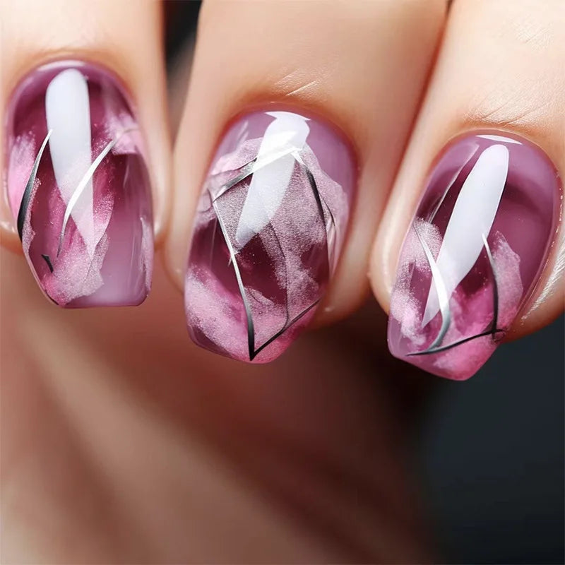 24pcs Short Round Full Cover Detachable Press-On Nails - French Blue & Pearl White with Heart Design