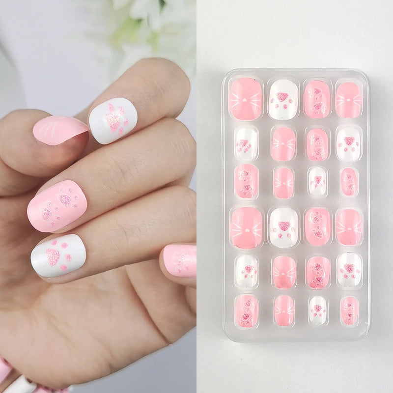 24Pcs Kids Press-On Nails – Glitter Bling Fake Nail Tips, DIY Manicure for Girls Aged 6+