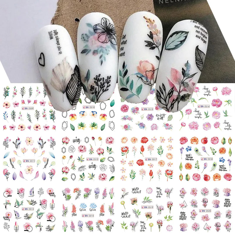 12PCS Summer Nail Art Stickers – Ink Flowers, Leaves & Graffiti Water Decals Set