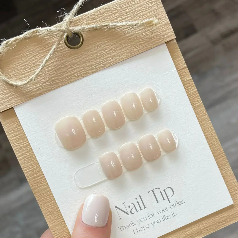 10Pcs Handmade Short Press-On Nails – Pure Colour French Round Full Cover False Nails with Glue