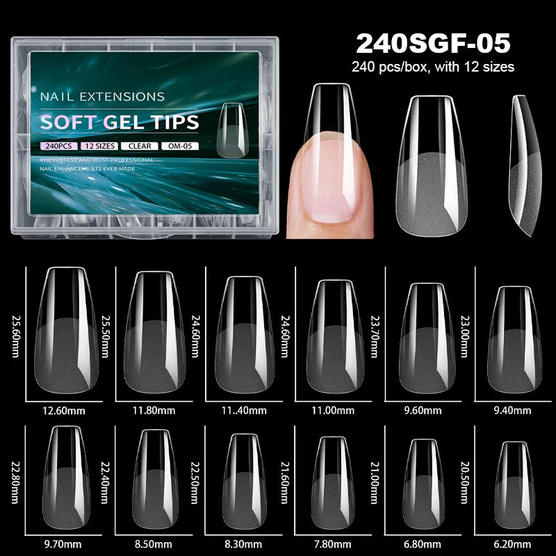 240pcs Luxury Soft Gel False Nail Tips – Semi-Matte Full Cover Artificial Extensions