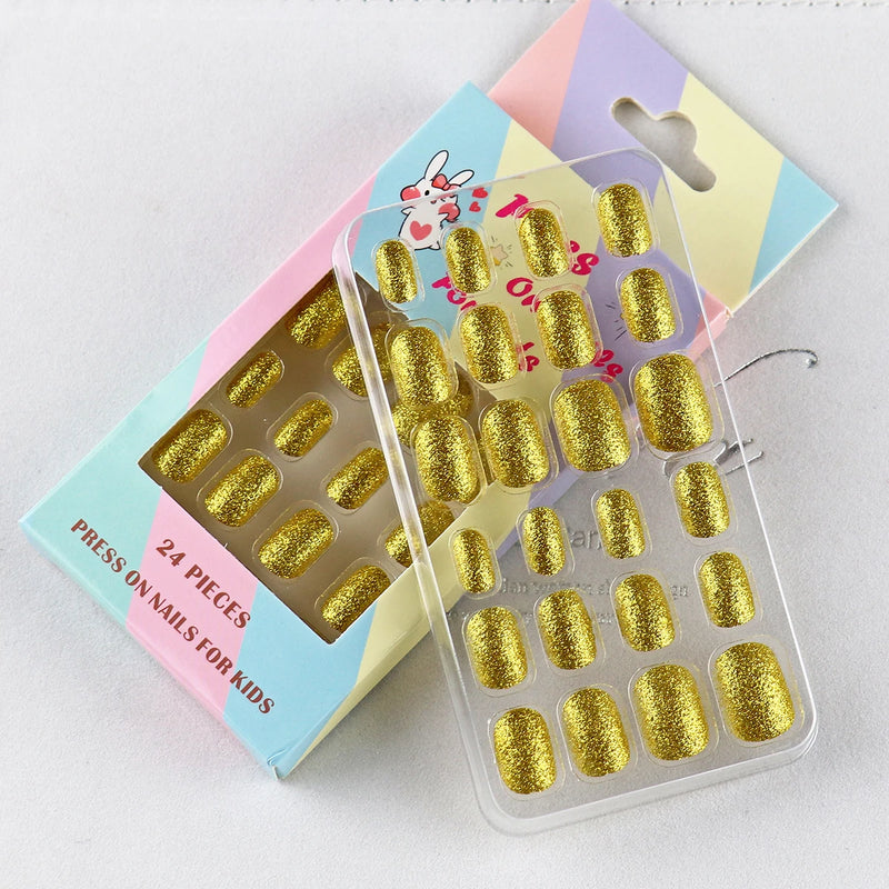 24Pcs Kids Press-On Nails – Glitter Bling Fake Nail Tips, DIY Manicure for Girls Aged 6+
