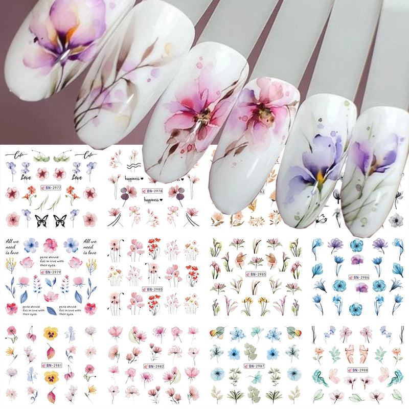 12PCS Summer Nail Art Stickers – Ink Flowers, Leaves & Graffiti Water Decals Set