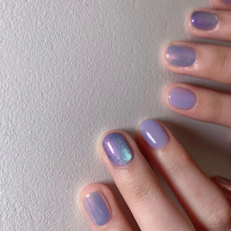 24pcs Short Round Full Cover Detachable Press-On Nails - French Blue & Pearl White with Heart Design